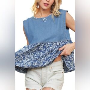 ADORA Sleeveless Denim Contrast Top